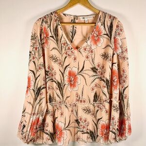 Peachy pink Floral v-neck long sleeve pullover flowy boho/cottagecore blouse